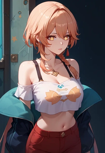 hair flower,high ponytail,off-shoulder top,dolphin shorts  - AI generated anime art