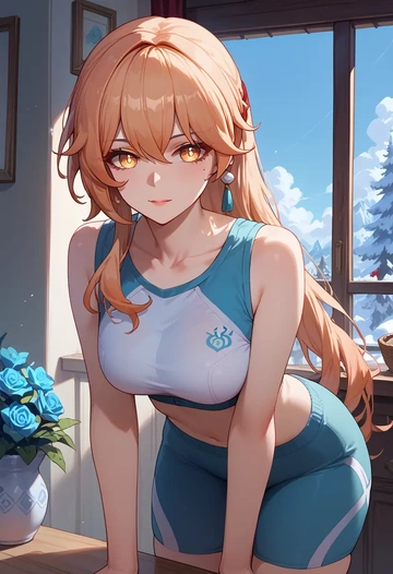 hair flower,high ponytail,sports crop,high-waisted shorts  - AI generated anime art