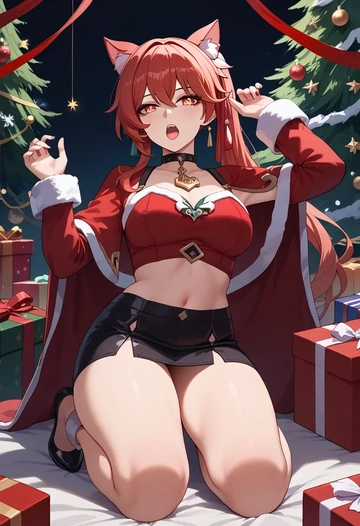 hair flower,high ponytail,Christmas,skirt  - AI generated anime art