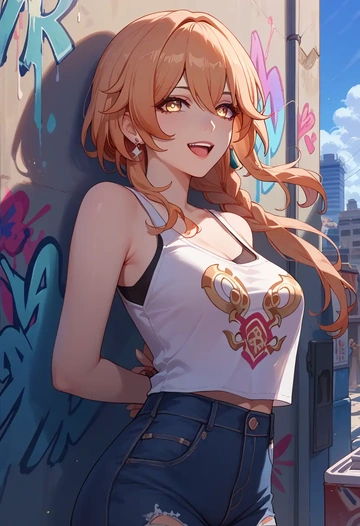 hair flower,high ponytail,abstract graffiti tank,dolphin shorts  - AI generated anime art