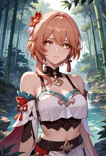 hair flower,high ponytail,off-shoulder top,dolphin shorts  - AI generated anime art