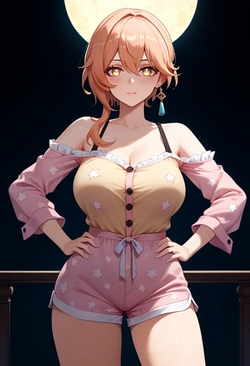 hair flower,high ponytail,pajamas, low-waisted shorts  - AI generated anime art