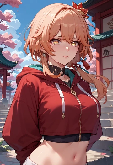 hair flower,high ponytail,crop hoodie,shorts  - AI generated anime art