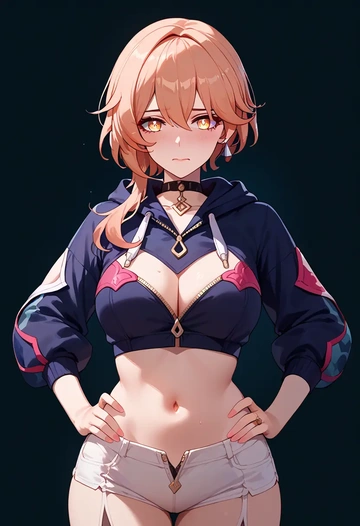 hair flower,high ponytail,crop hoodie,shorts  - AI generated anime art