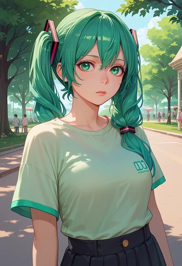 vocaloid,gumi,calligraphy print shirt,dolphin shorts  - AI generated anime art