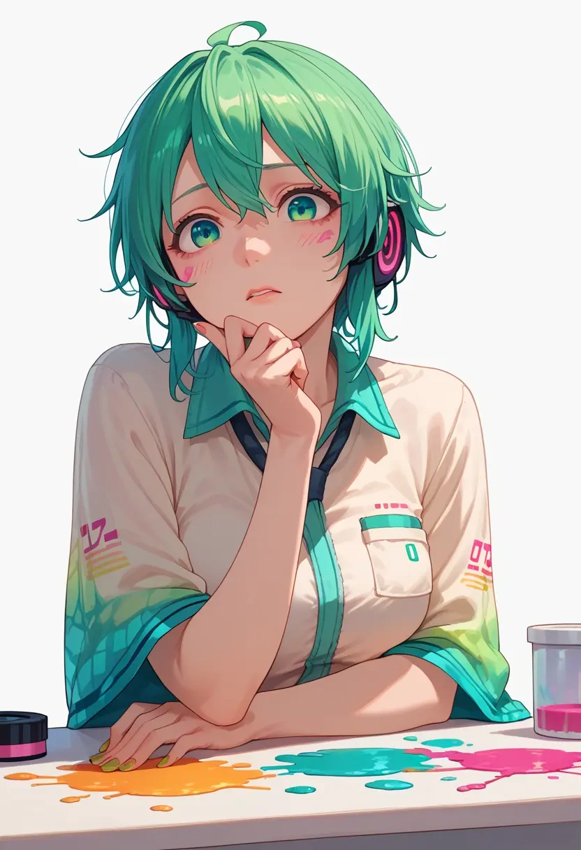 vocaloid,gumi,paint-splatter blouse,dolphin shorts  - 