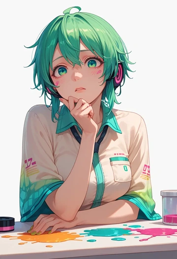 vocaloid,gumi,paint-splatter blouse,dolphin shorts  - AI generated anime art