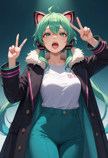 vocaloid,gumi,coat,fur-collar,tailored trousers  - AI generated anime art