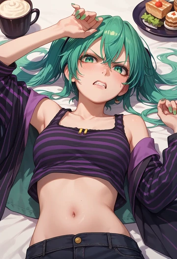 vocaloid,gumi,long-sleeve striped tee,pleated skirt,fishnet stockings  - AI generated anime art