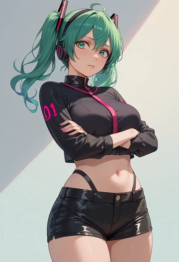 vocaloid,gumi,leather,shorts,crop top  - AI generated anime art