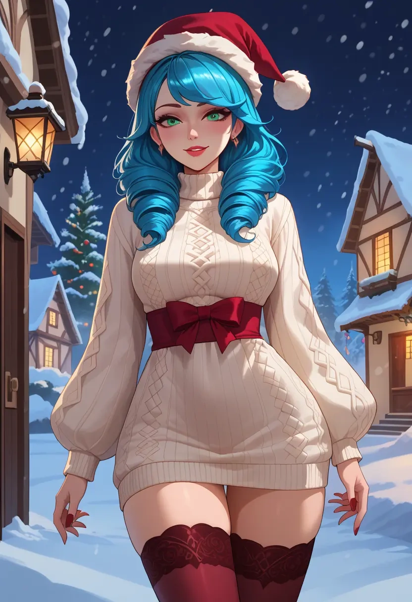 league_of_legends,gwen_(league_of_legends),Christmas,sweater dress,stockings  - 