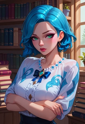 league_of_legends,gwen_(league_of_legends),silk graffiti shirt,dolphin shorts  - AI generated anime art