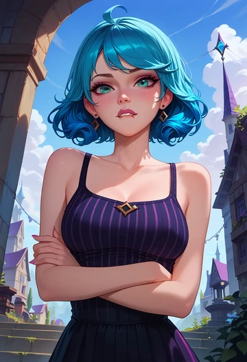 league_of_legends,gwen_(league_of_legends),long-sleeve striped tee,pleated skirt,fishnet stockings  - AI generated anime art