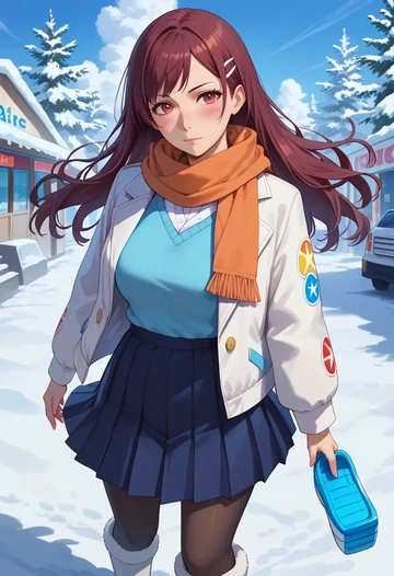 monogatari_(series),hachikuji_mayoi,winter,student uniform,puffer jacket  - AI generated anime art