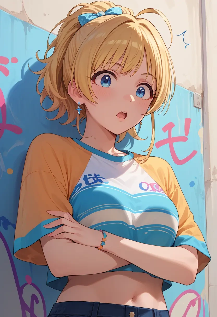 idolmaster,hachimiya_meguru,cropped graffiti sweatshirt,dolphin shorts  - 