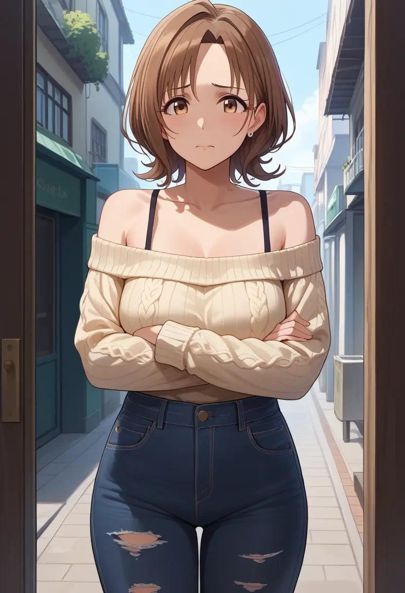 idolmaster,hagiwara_yukiho,sweater,off-shoulder,ripped jeans  - 