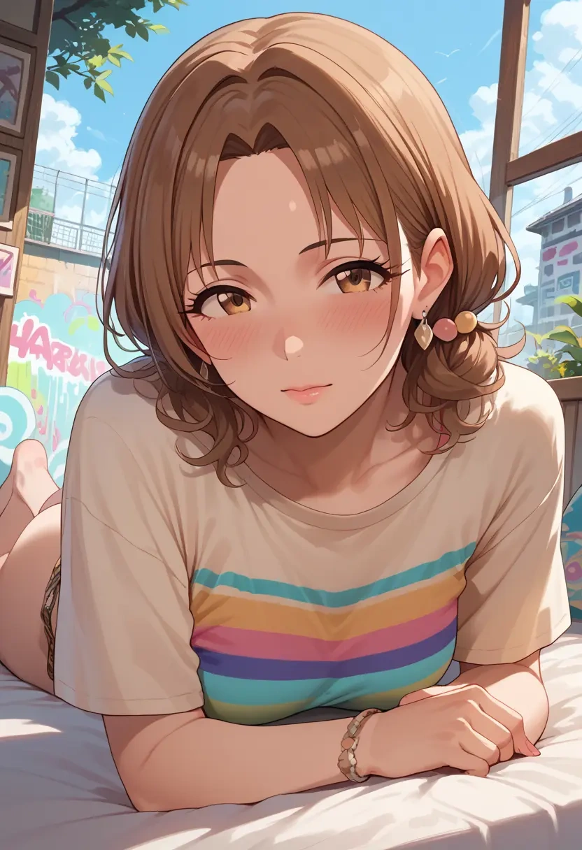 idolmaster,hagiwara_yukiho,cropped graffiti sweatshirt,dolphin shorts  - 