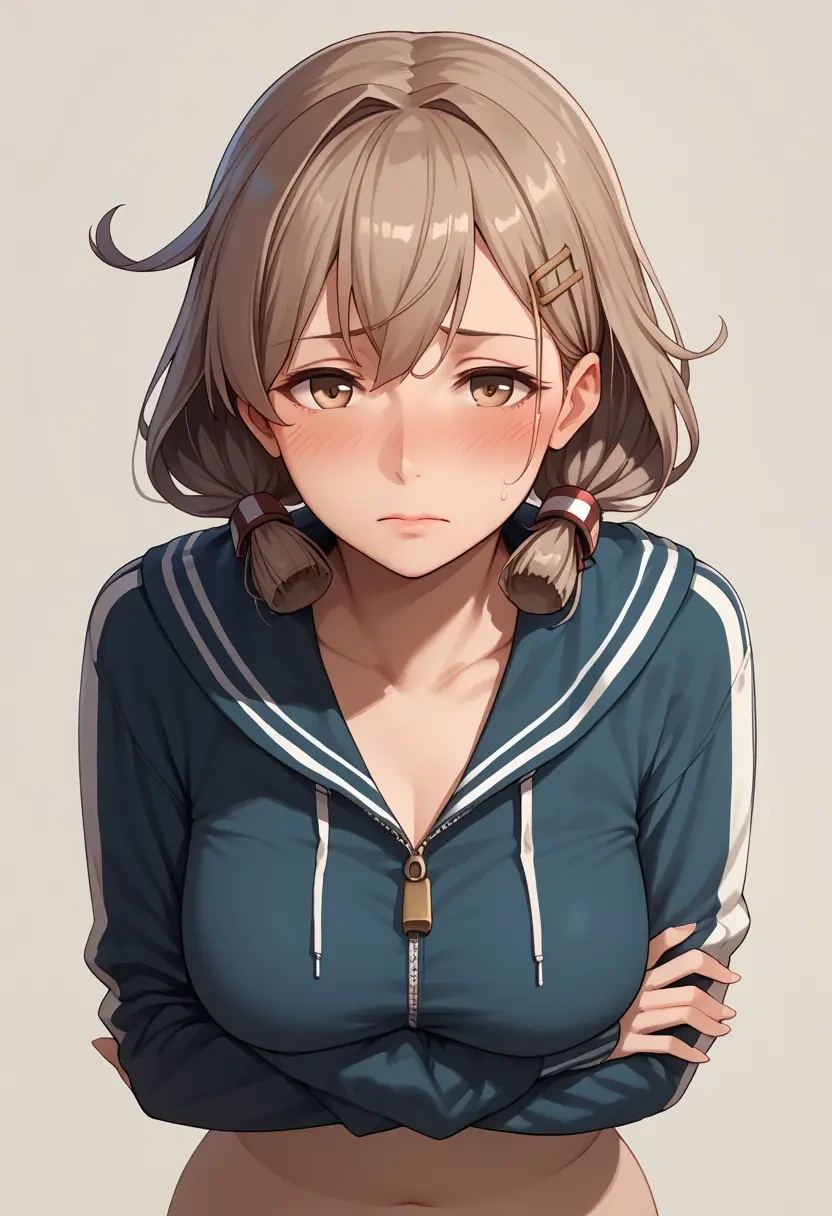 kantai_collection,haguro_(kancolle),crop hoodie,shorts  - 