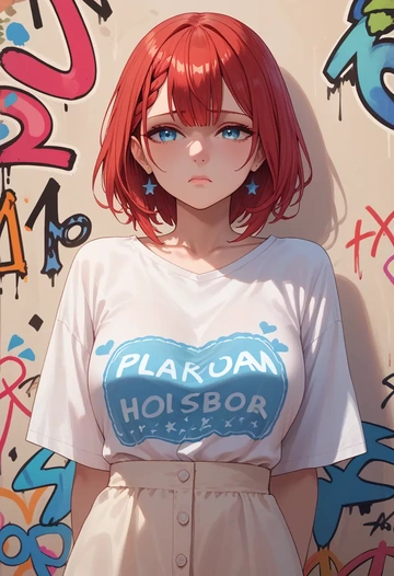 hololive,hakos_baelz,oversized graffiti shirt,dolphin shorts  - AI generated anime art