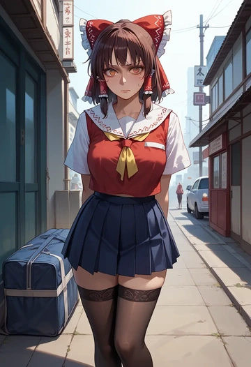 touhou,hakurei_reimu,jk uniform, stockings  - AI generated anime art