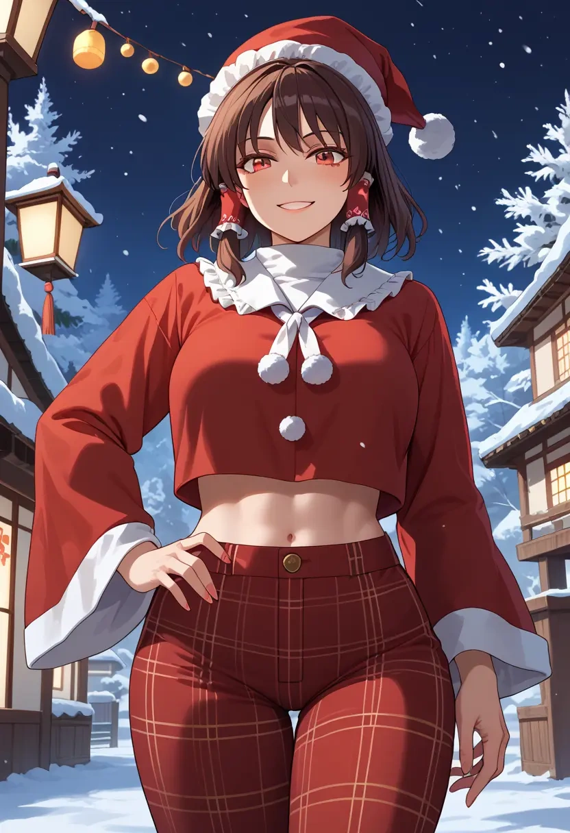 touhou,hakurei_reimu,Christmas,plaid trousers  - 