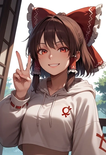 touhou,hakurei_reimu,hoodie,cropped,high-waisted joggers  - AI generated anime art