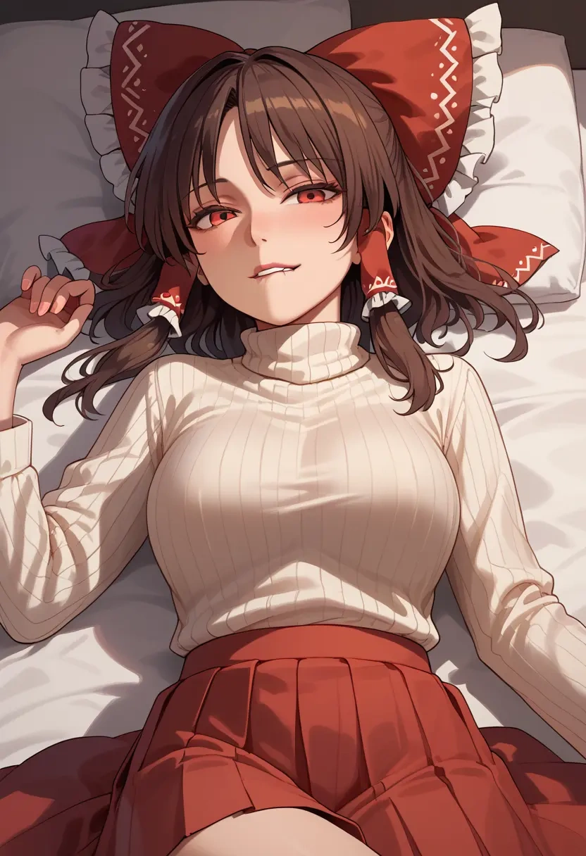 touhou,hakurei_reimu,skirt,pleated,turtleneck sweater  - 