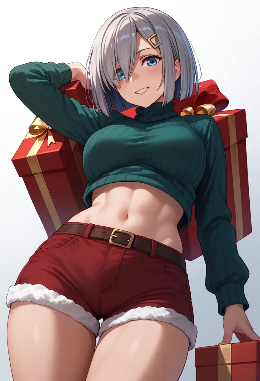 kantai_collection,hamakaze_(kancolle),Christmas,red velvet shorts,turtleneck sweater  - 