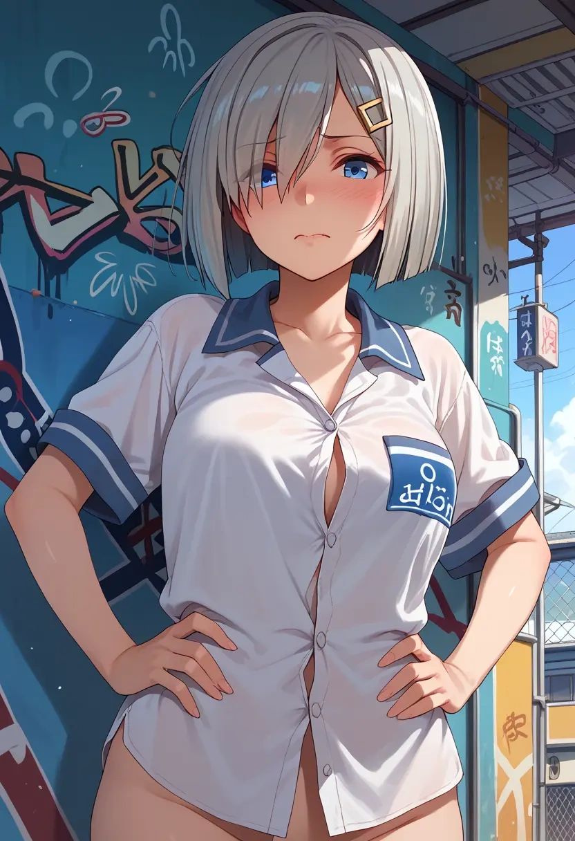 kantai_collection,hamakaze_(kancolle),oversized graffiti shirt,dolphin shorts  - 