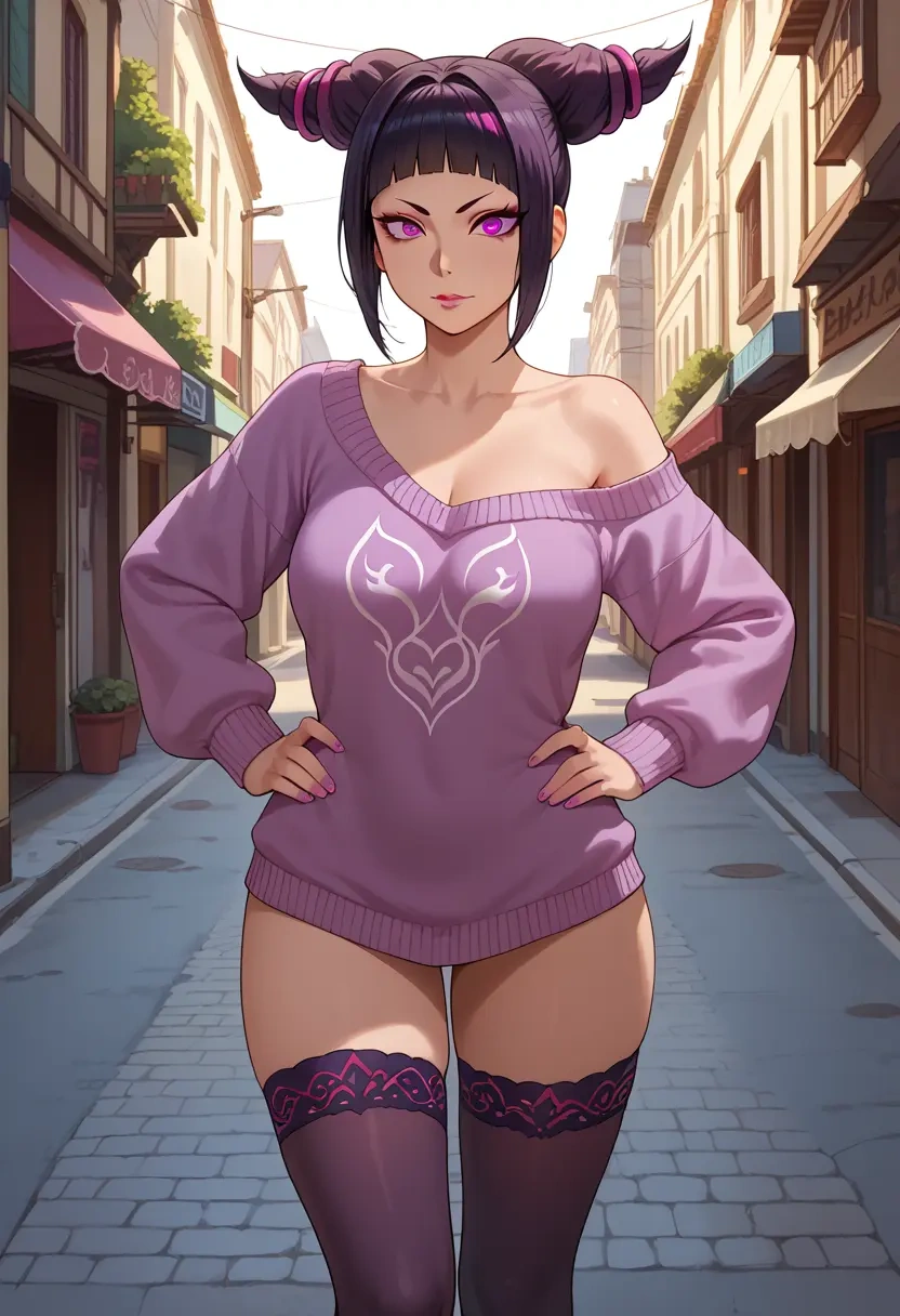 street_fighter,han_juri,Hands on hips,off-shoulder,sweater,stockings  - 