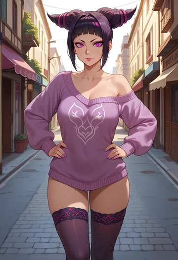 street_fighter,han_juri,Hands on hips,off-shoulder,sweater,stockings  - AI generated anime art