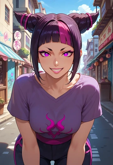 street_fighter,han_juri,crop graffiti tee,dolphin shorts  - AI generated anime art