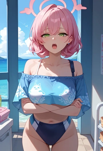 blue_archive,hanako_(swimsuit)_(blue_archive),off-shoulder top,dolphin shorts  - AI generated anime art