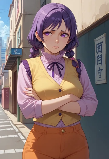 monogatari_(series),hanekawa_tsubasa,vest,quilted,jogger pants  - AI generated anime art