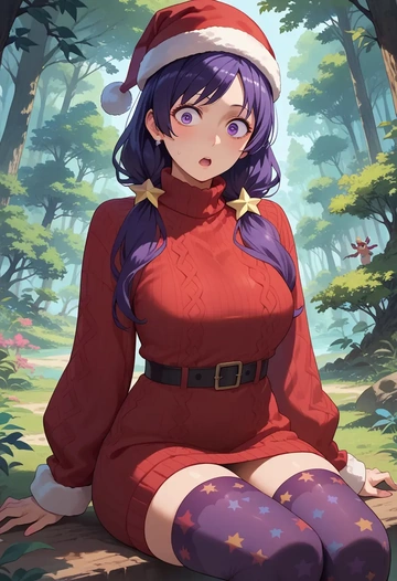 monogatari_(series),hanekawa_tsubasa,Christmas,sweater dress,stockings  - AI generated anime art