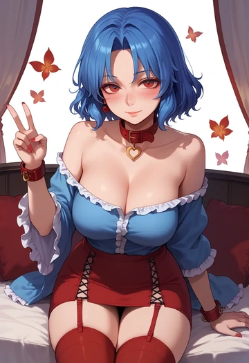 touhou,haniyasushin_keiki,blushing,collar,Thigh garters  - AI generated anime art