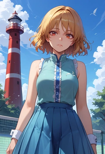 touhou,haniyasushin_keiki,tennis dress,visor,trainers  - AI generated anime art