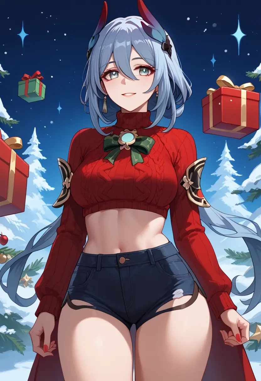 star rail,hanya,Christmas,red velvet shorts,turtleneck sweater  - 