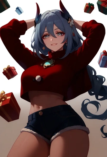 star rail,hanya,Christmas,red velvet shorts,turtleneck sweater  - AI generated anime art