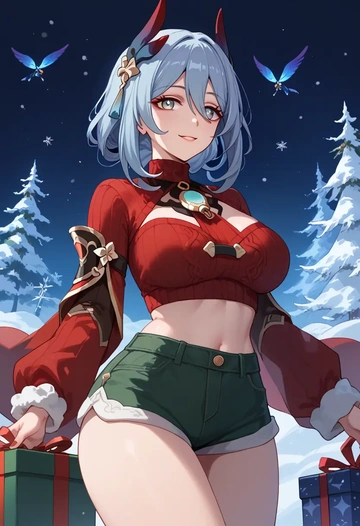 star rail,hanya,Christmas,red velvet shorts,turtleneck sweater  - AI generated anime art