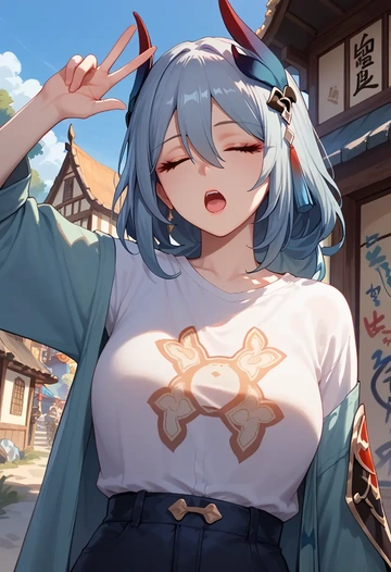 star rail,hanya,oversized graffiti shirt,dolphin shorts  - AI generated anime art