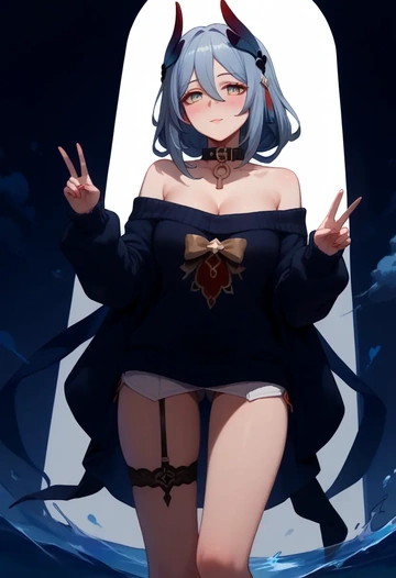 star rail,hanya,blushing,collar,off-shoulder,sweater,stockings  - AI generated anime art