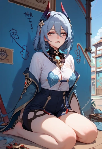 star rail,hanya,oversized graffiti shirt,dolphin shorts  - AI generated anime art