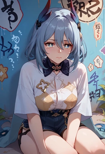 star rail,hanya,oversized graffiti shirt,dolphin shorts  - AI generated anime art