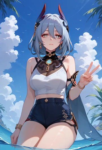 star rail,hanya,sleeveless swim top,shorts-style bottom,contrast stitching  - AI generated anime art