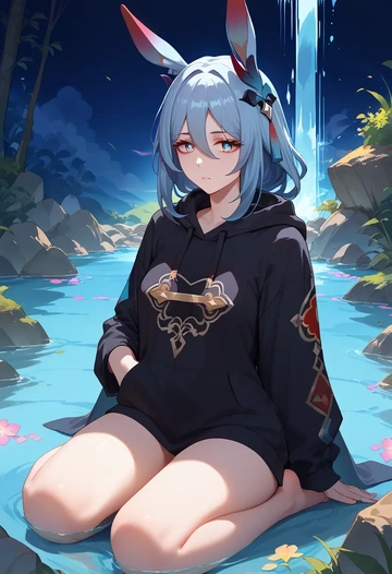 star rail,hanya,oversized graphic hoodie,thigh-high socks,shorts  - AI generated anime art