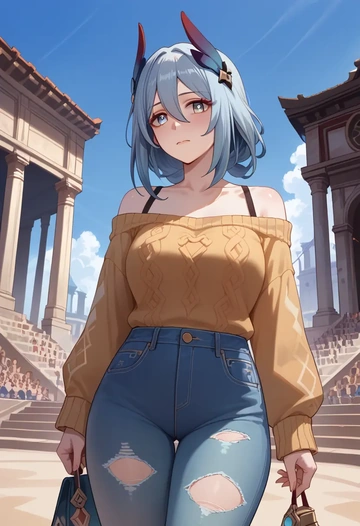 star rail,hanya,sweater,off-shoulder,ripped jeans  - AI generated anime art