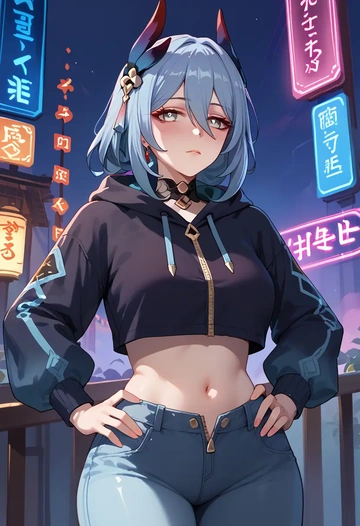 star rail,hanya,crop hoodie,shorts  - AI generated anime art