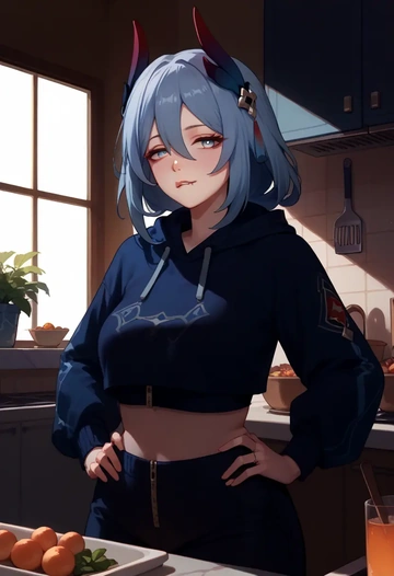 star rail,hanya,crop hoodie,shorts  - AI generated anime art