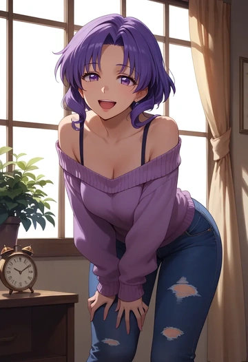 higurashi_no_naku_koro_ni,hanyuu,sweater,off-shoulder,ripped jeans  - AI generated anime art